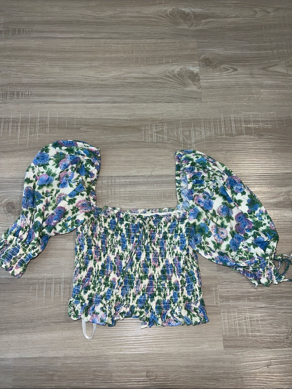 For Love & Lemons Blue Floral Smocked Puff Sleeve Top